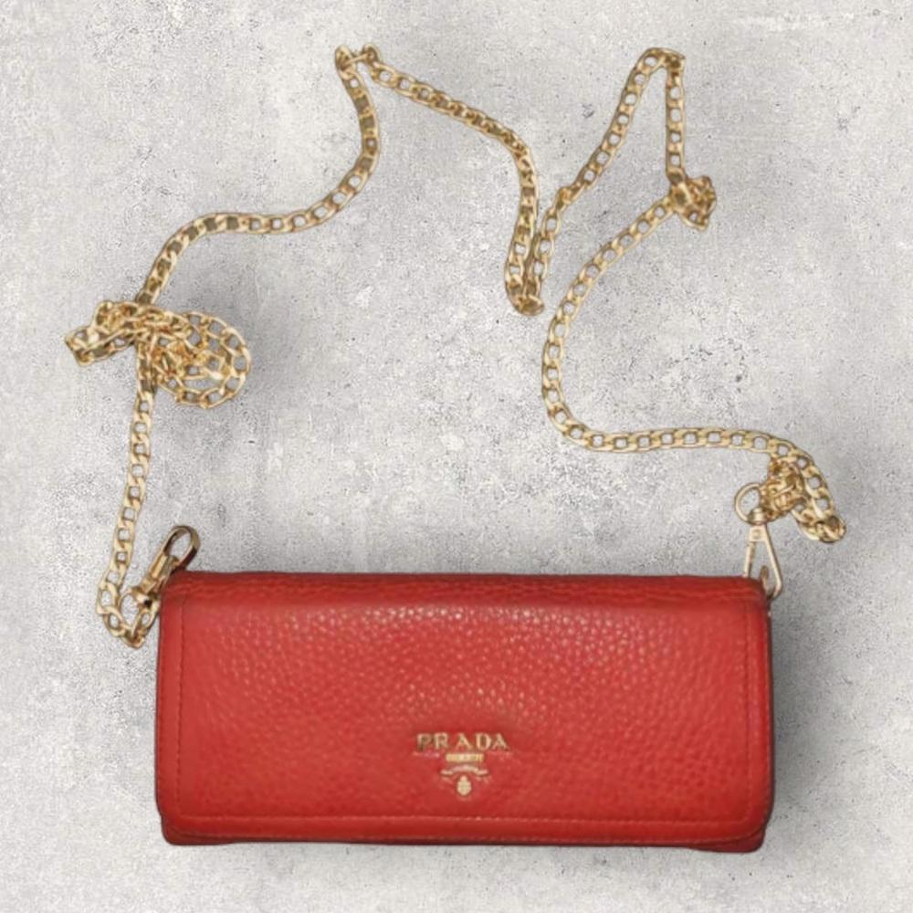 AUTHENTIC PRADA LEATHER SAFFIANO LONG FLAP WALLET ON CHAIN. Color: RED